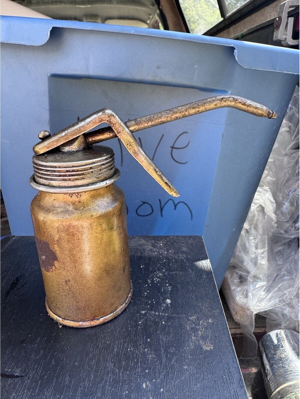 Vintage Craftsman Thumb Pump Oil Can Metal Oiler Brass Tone Tool Garage Decor
